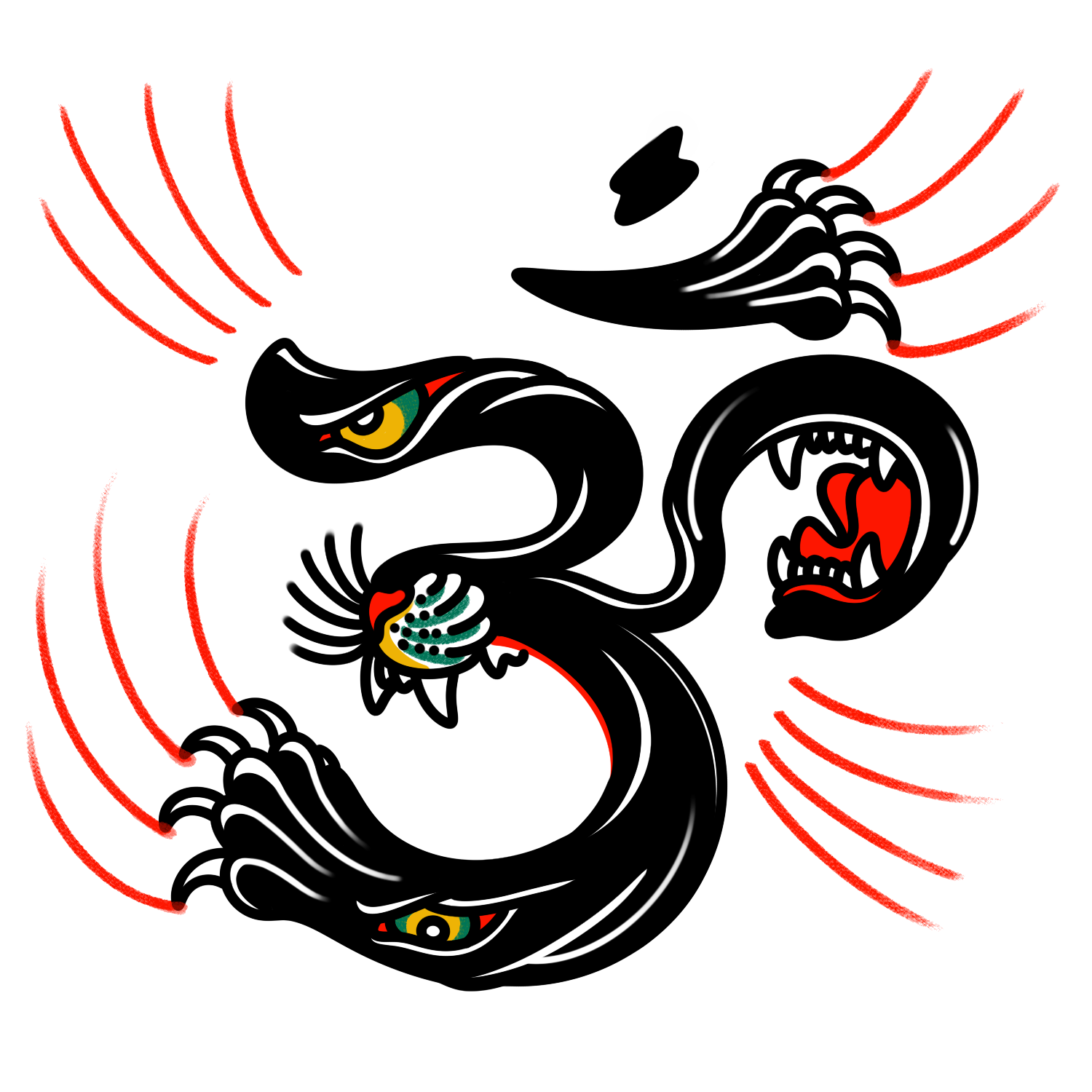 A black panther with yellow eyes and red accents on the face and paws, surrounded by red lines indicating motion or sound waves.