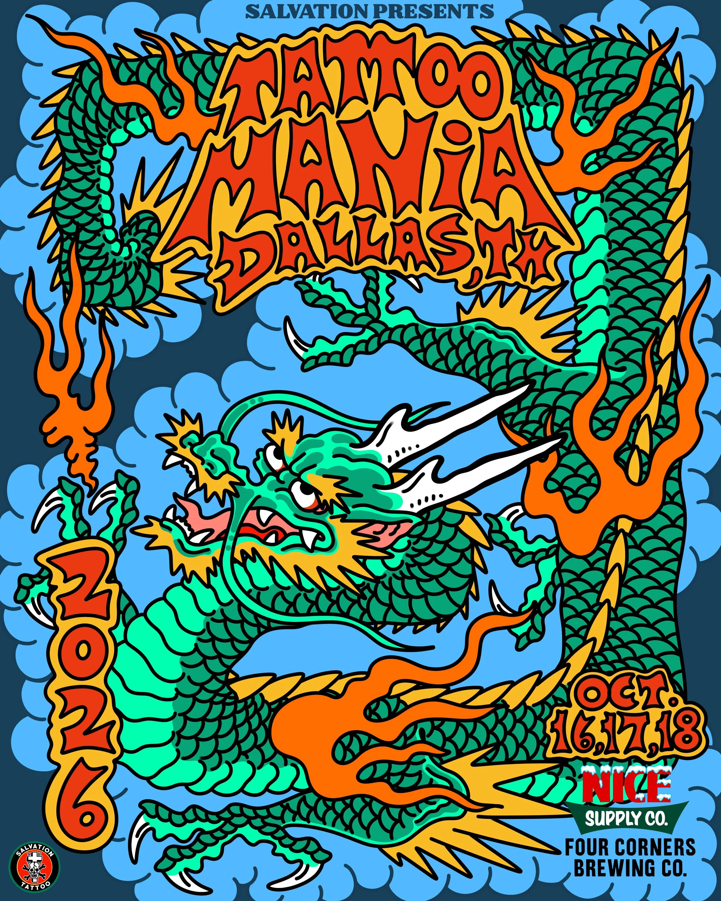 Colorful tattoo-style illustration of a green and orange dragon with detailed scales, surrounded by blue clouds, with red and yellow text saying 'Tattoo Mania' and additional information about the event and sponsors.
