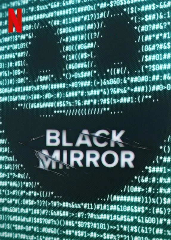 Digital screen with ASCII-style code and text 'Black Mirror' in the center, with the Netflix logo in the upper left corner.