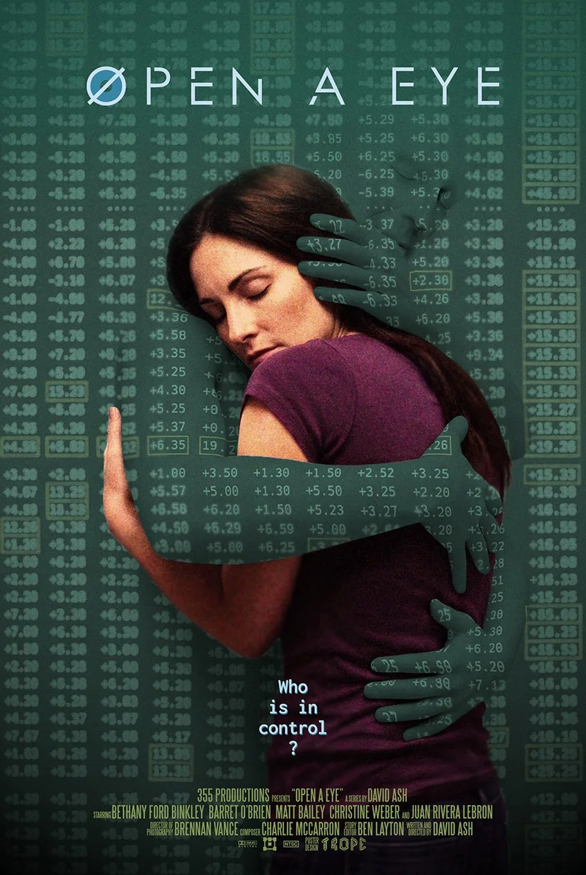 Poster for the film 'Open Eye' showing a woman with closed eyes, surrounded by floating and overlayed disembodied hands, stock market data in the background, and the tagline 'Who is in control?'