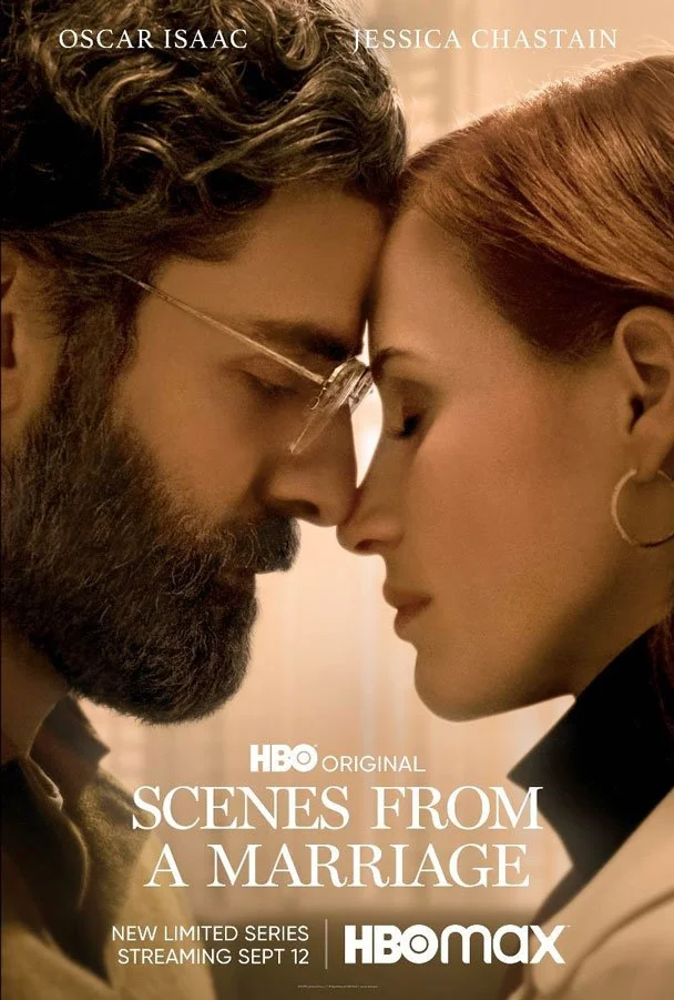 Poster for the HBO original series 'Scenes from a Marriage' featuring a close-up of a man with glasses and a beard and a woman with red hair touching foreheads, both with eyes closed.