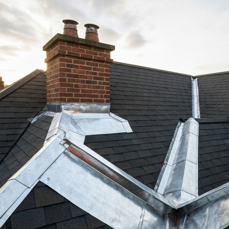 Metal roof flashing installed around chimneys and valleys prevents water leaks and protects asphalt shingle roofing from storm damage.