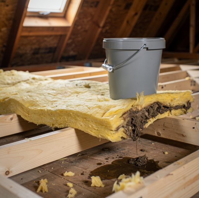 Soaked fiberglass attic insulation pulled back from roof leak