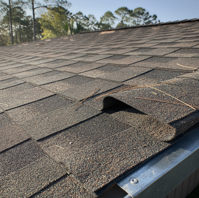 Hail denting asphalt shingles on residential roof