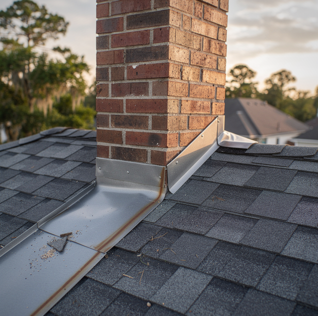 rusted roof flashing leaking at chimney base
