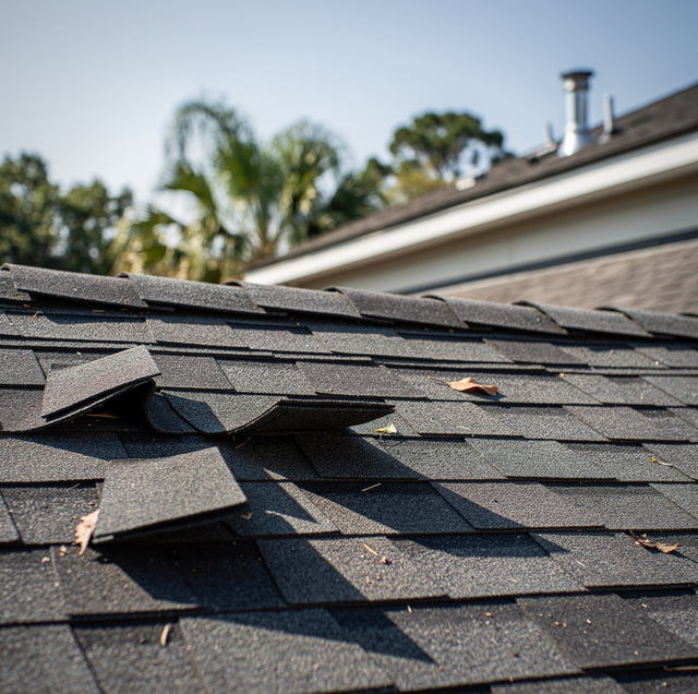 Damaged and curled roof shingles on a house with trees and sky visible in the background.