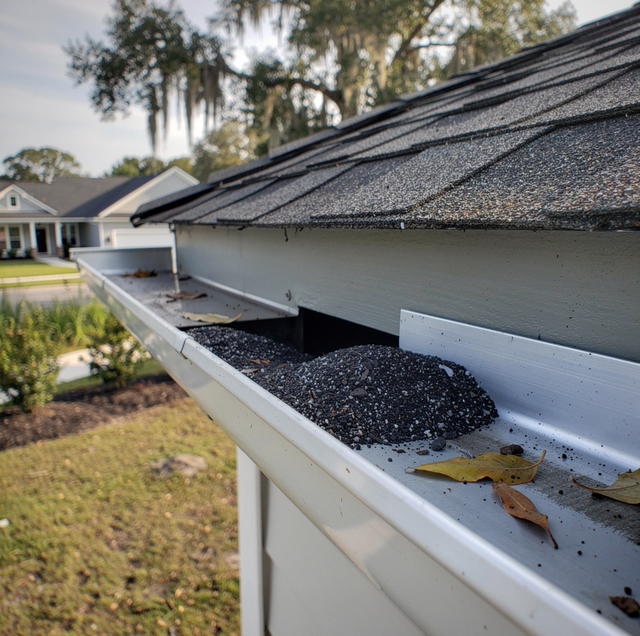 weathered asphalt shingles with loose granules in roof gutter