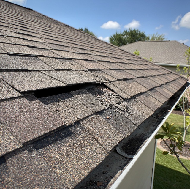 weathered asphalt shingle roof with missing patches