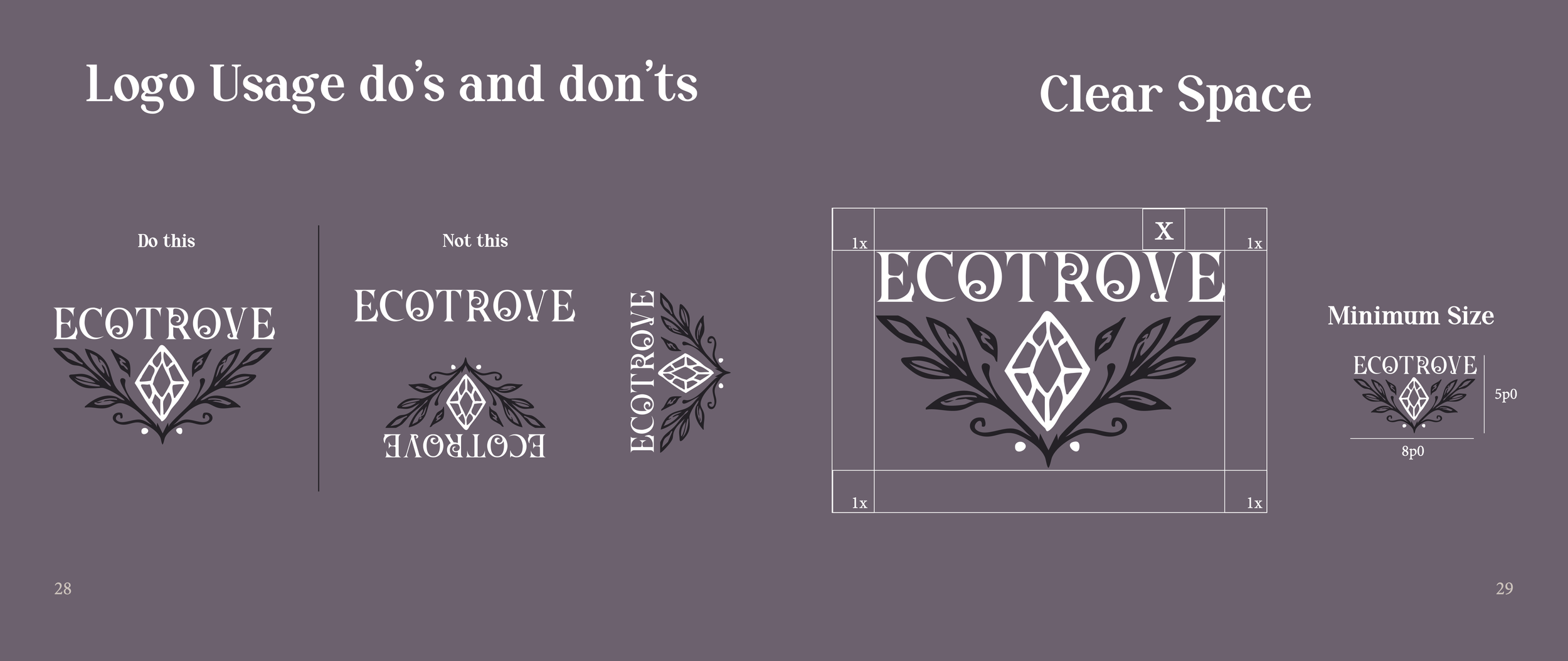 Ecotrove thrifting subscription box book flat spread showing the logo usage do's and don'ts and clear space