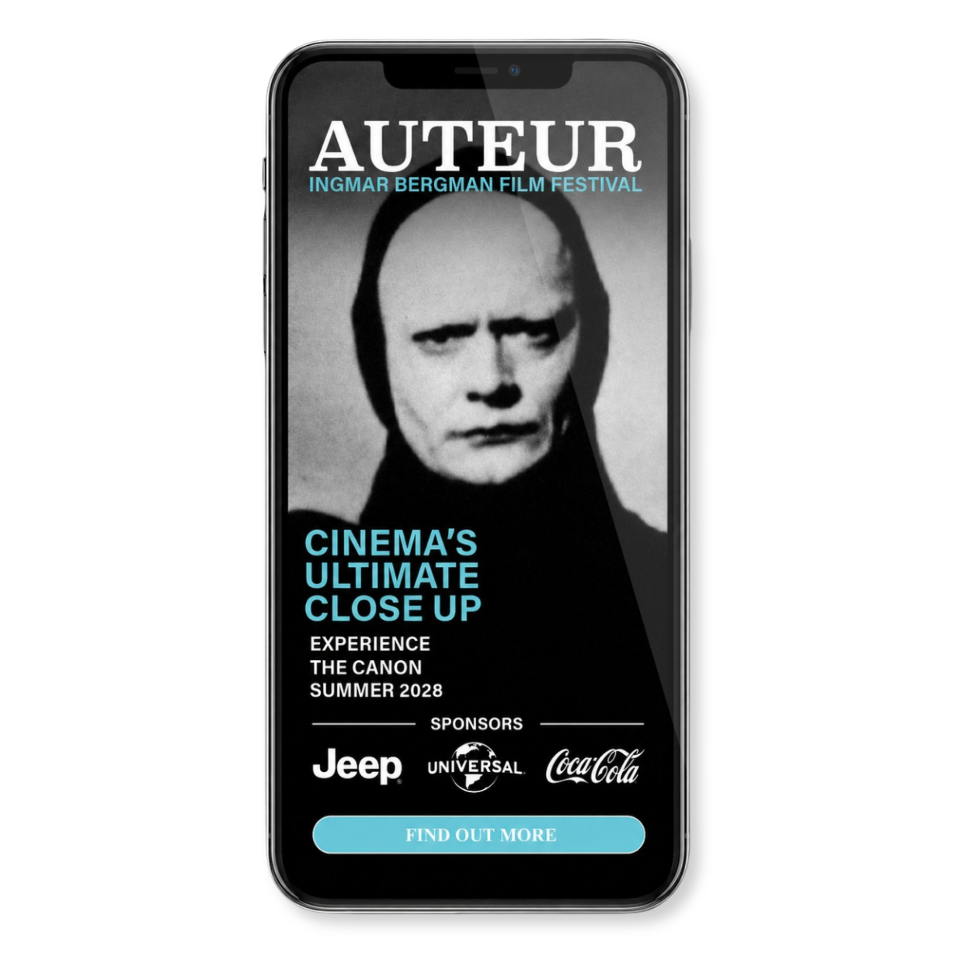 Auteur Film Festival Ingmar Bergman mobile interstitial ad. "Cinema's ultimate close up"