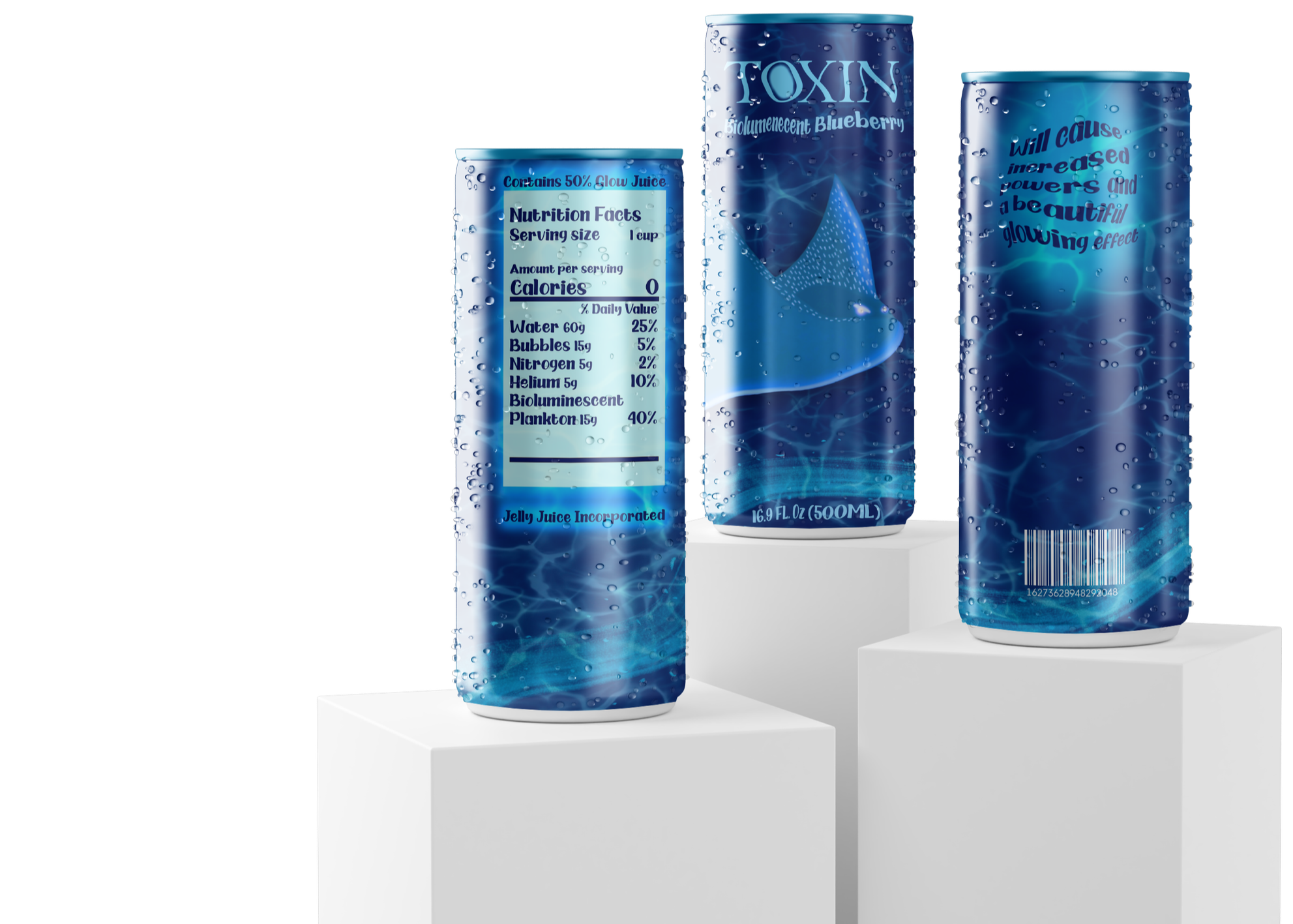 Bioluminescent blueberry indigo Toxin energy drink on display. Concord vs spotted thunder