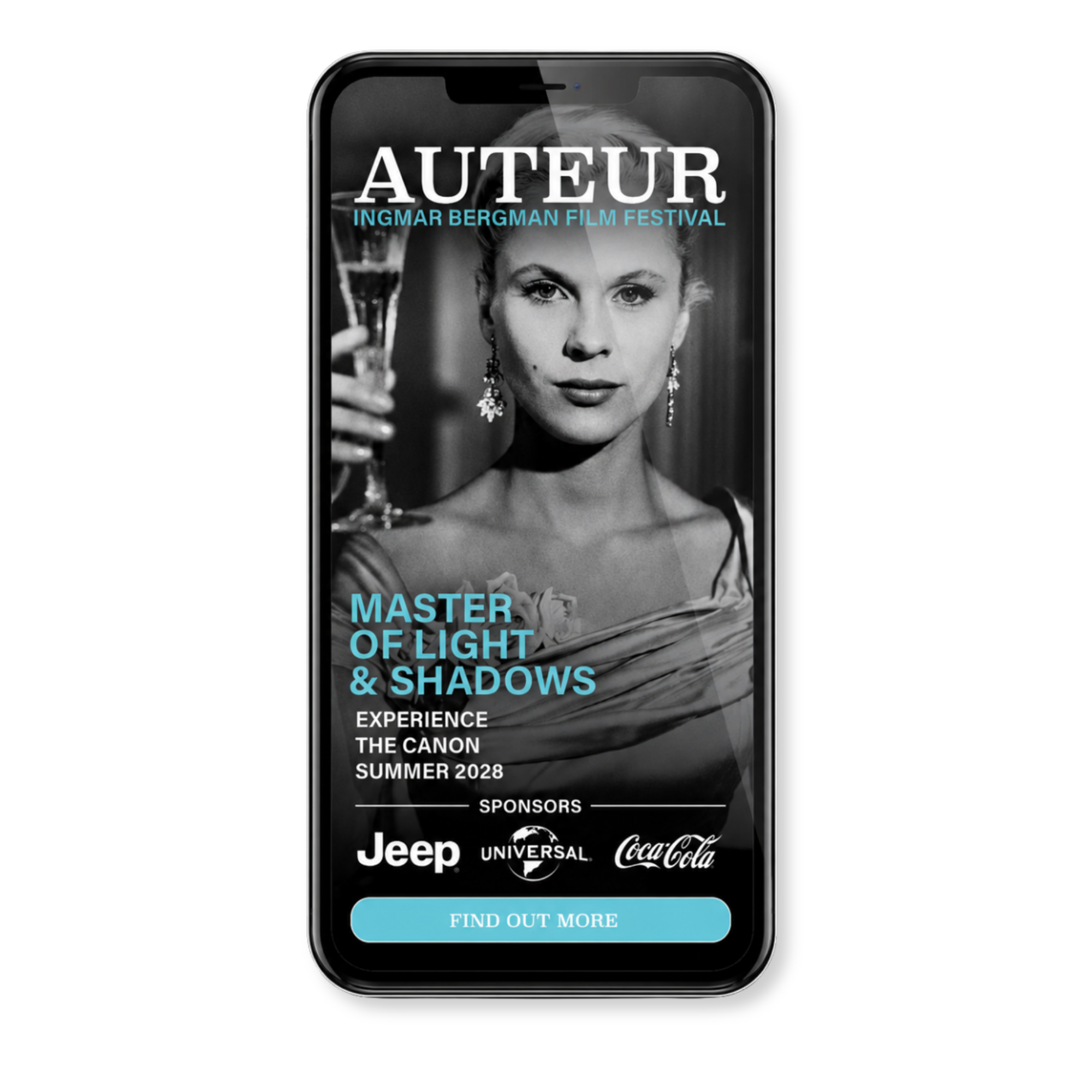 Auteur Film Festival Ingmar Bergman mobile interstitial ad. "Master of light and shadow"