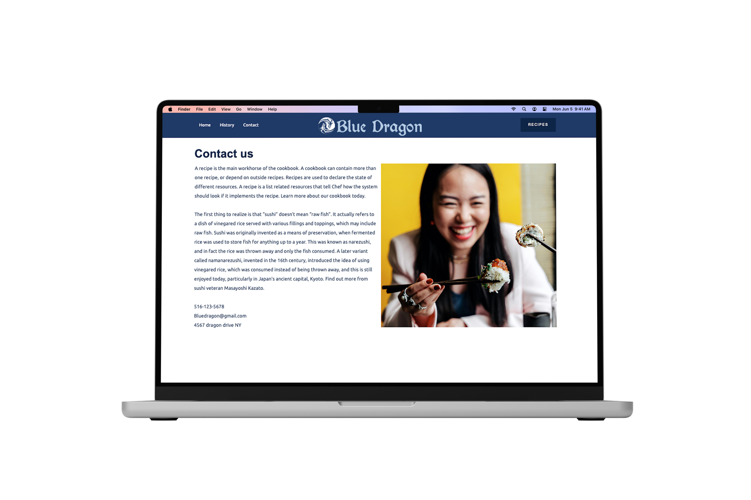 Blue Dragon website macbook computer mockup showcasing the contact page