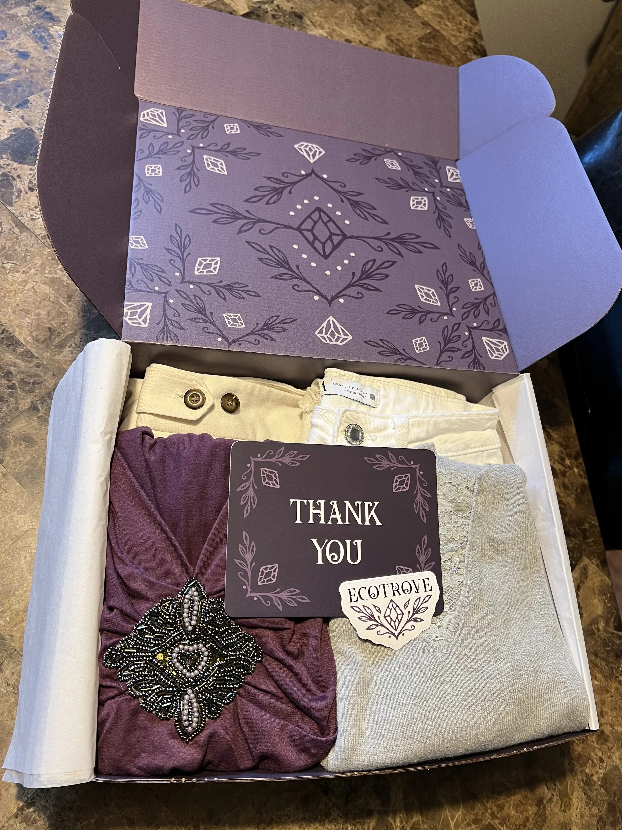 Ecotrove thrifting subscription box real life printed box with clothes, thank you card, and sticker