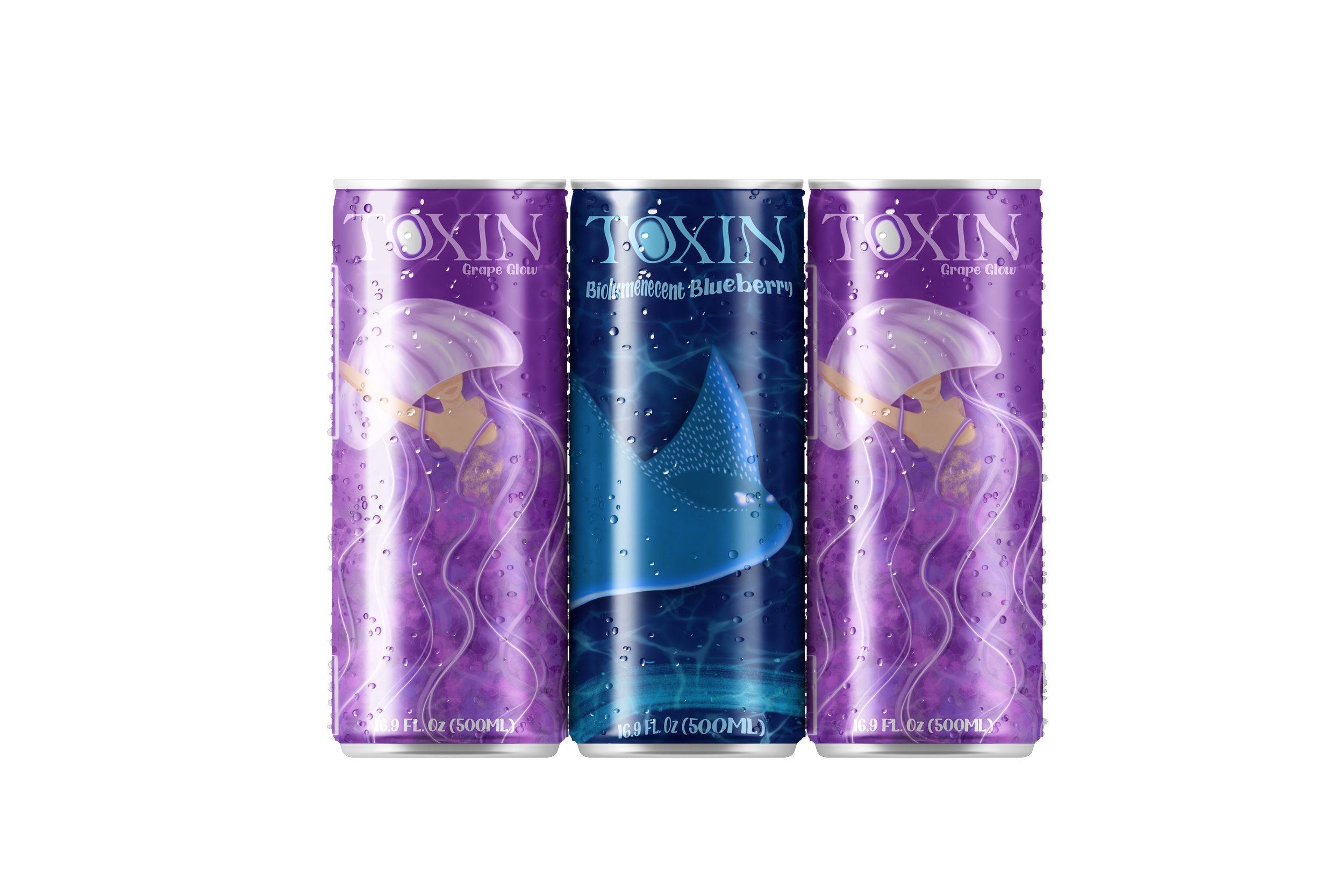 Indigo and Violet Toxin energy drink can mockups. Concord vs Spotted Thunder characters