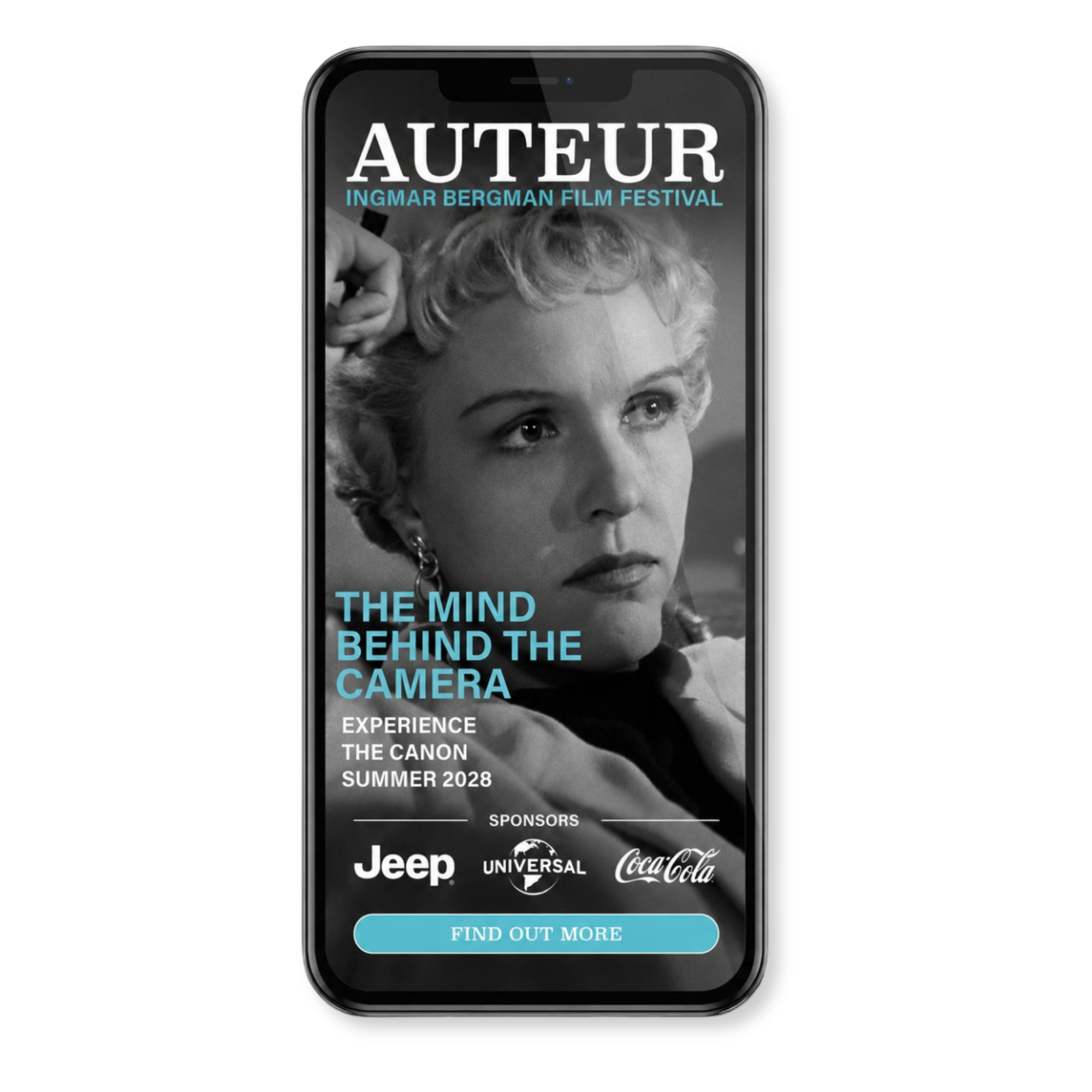 Auteur Film Festival Ingmar Bergman mobile interstitial ad. "The mind behind the camera"
