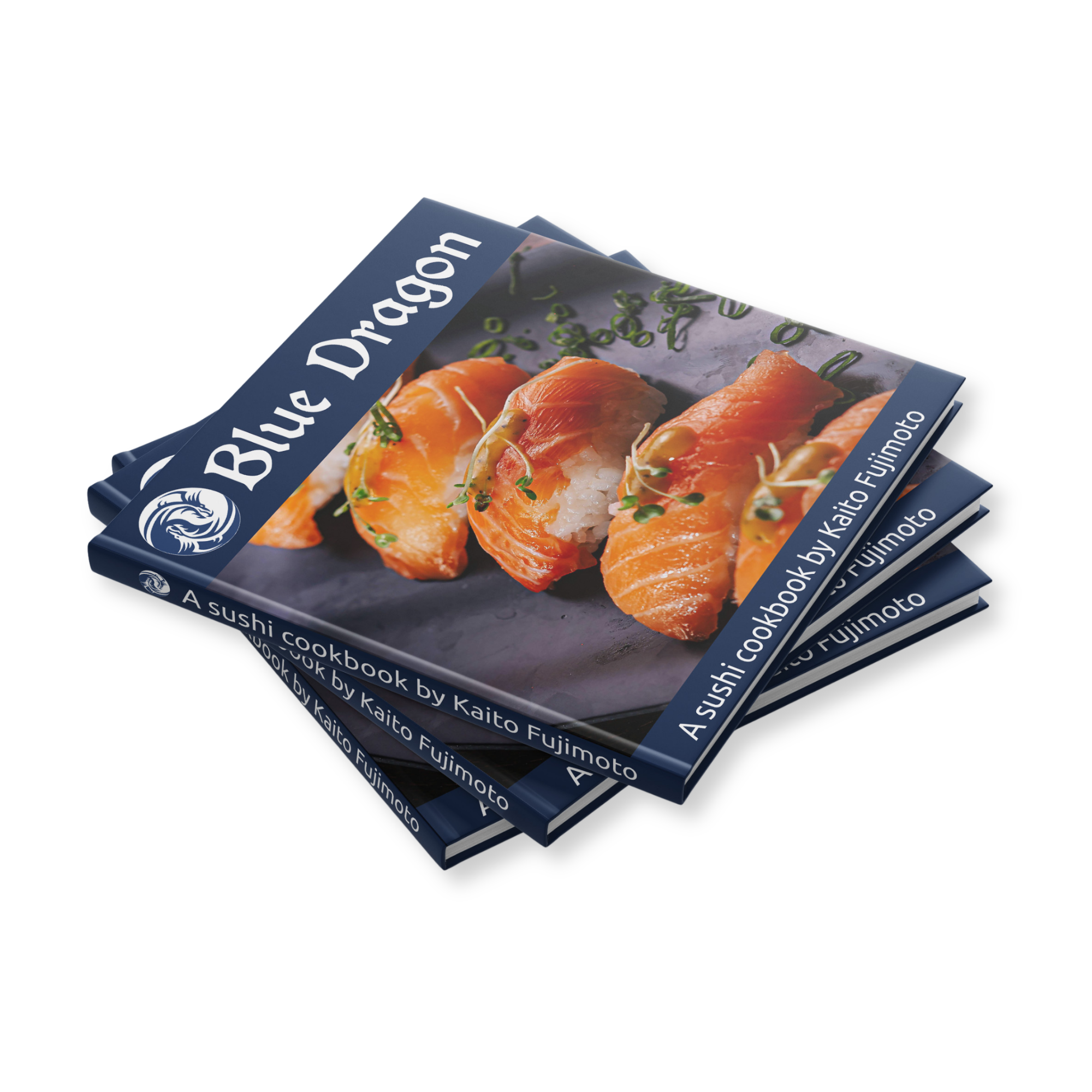 Blue Dragon pile of cookbooks with sushi imagery