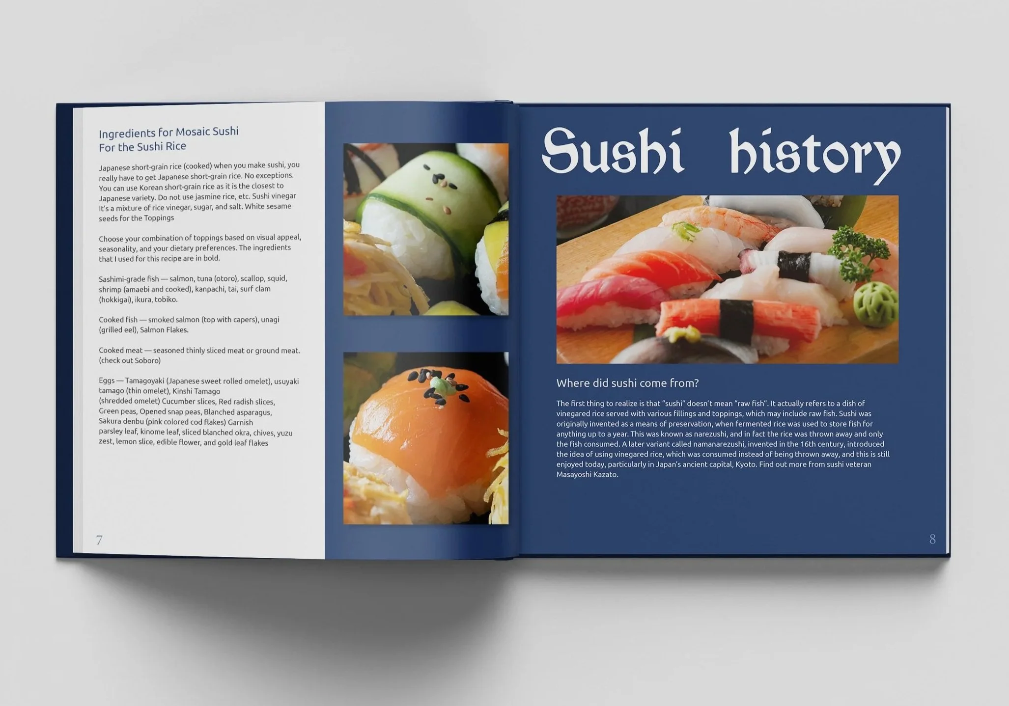 Blue Dragon cookbook showing Sushi History page