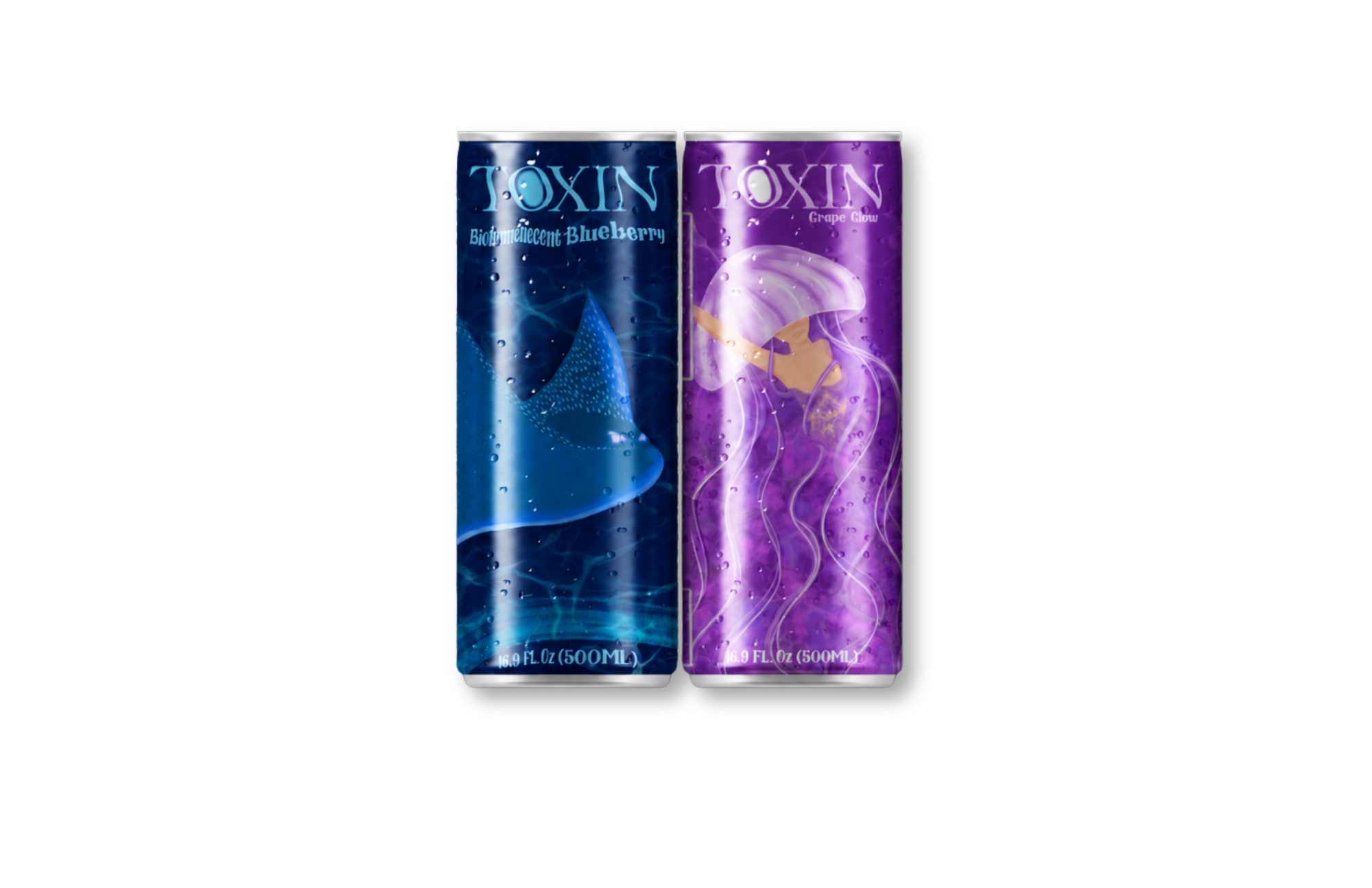 Bioluminescent blueberry indigo and Grape glow violet Toxin energy drink on display. Concord vs spotted thunder