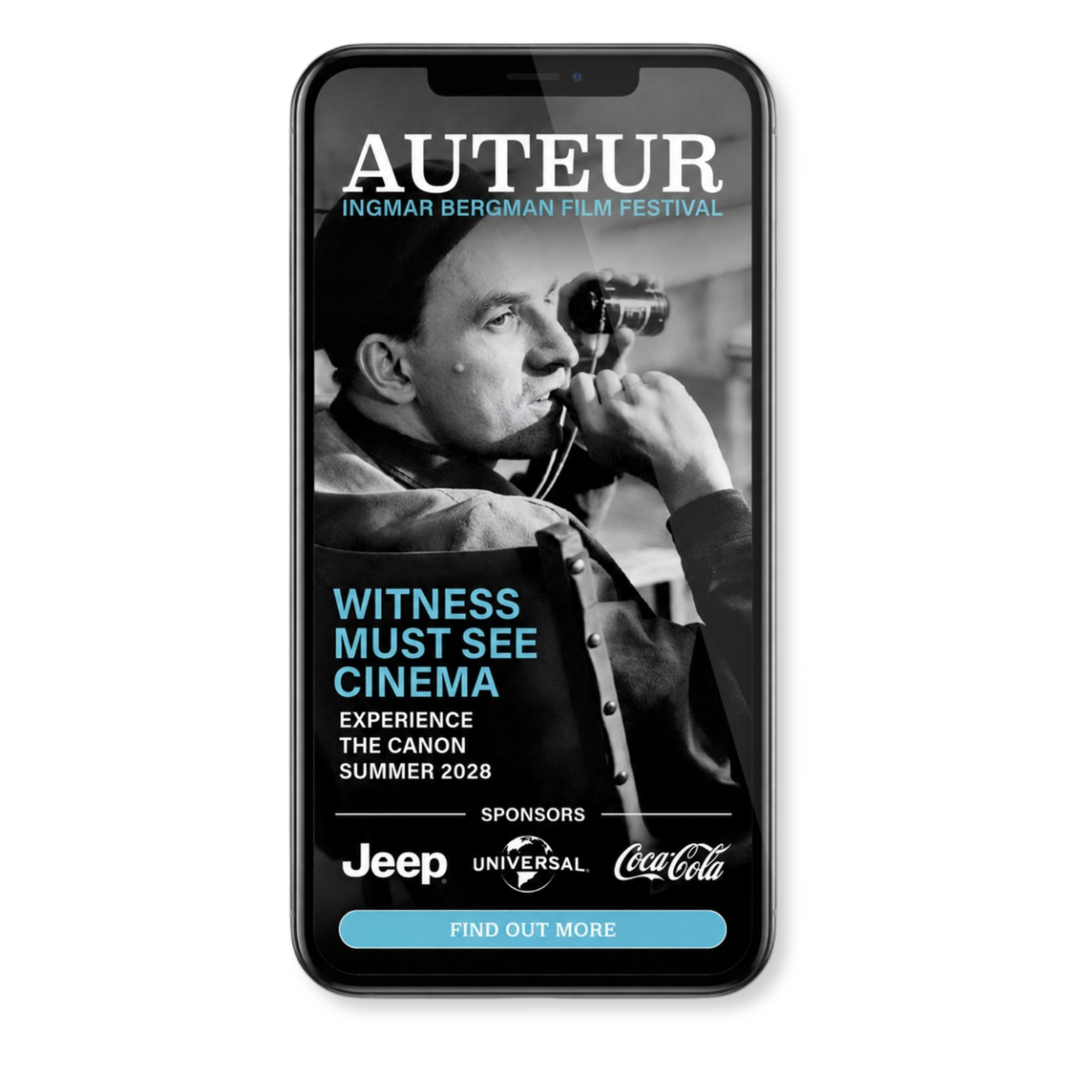 Auteur Film Festival Ingmar Bergman mobile interstitial ad. "Witness must see cinema"