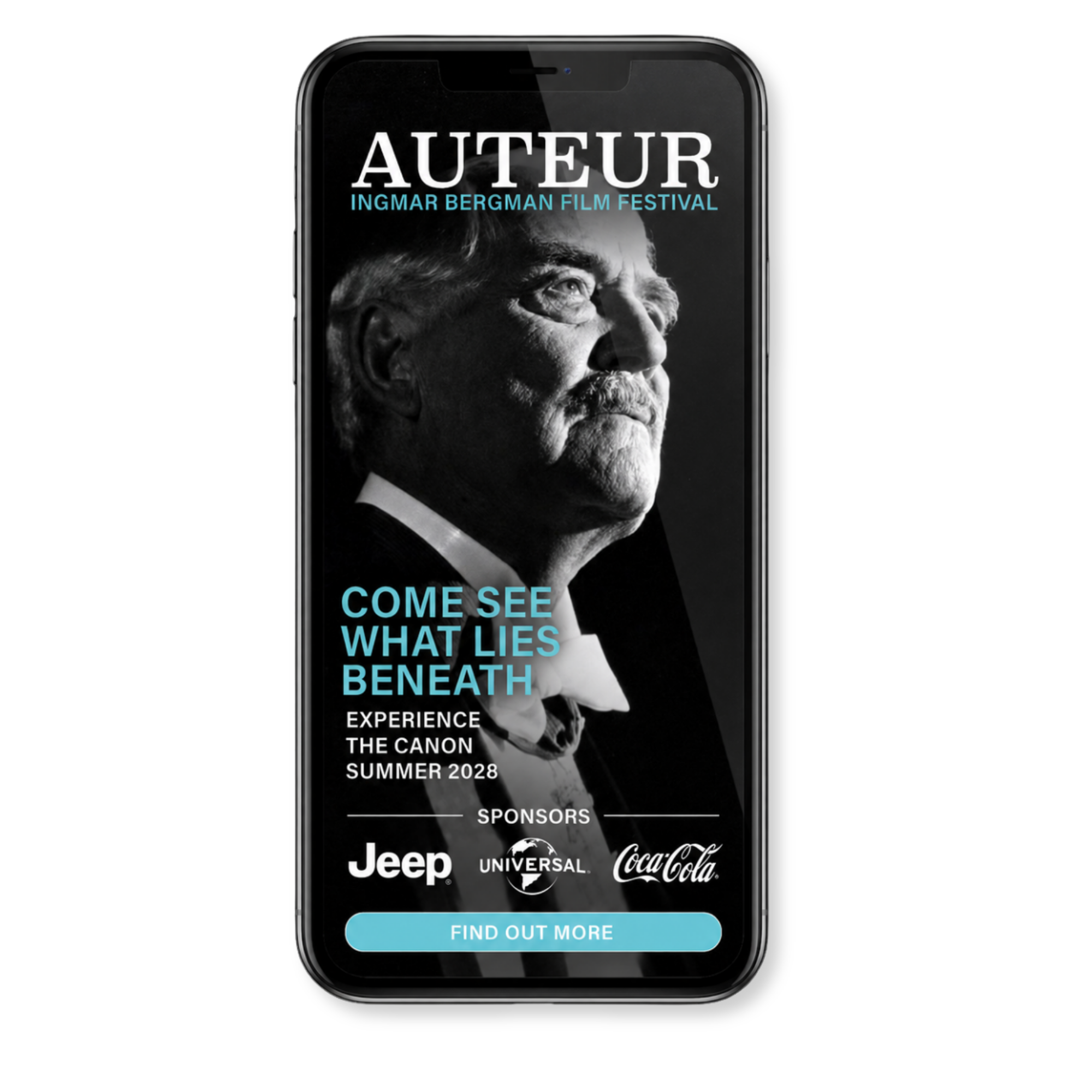Auteur Film Festival Ingmar Bergman mobile interstitial ad. "Come see what lies beneath"