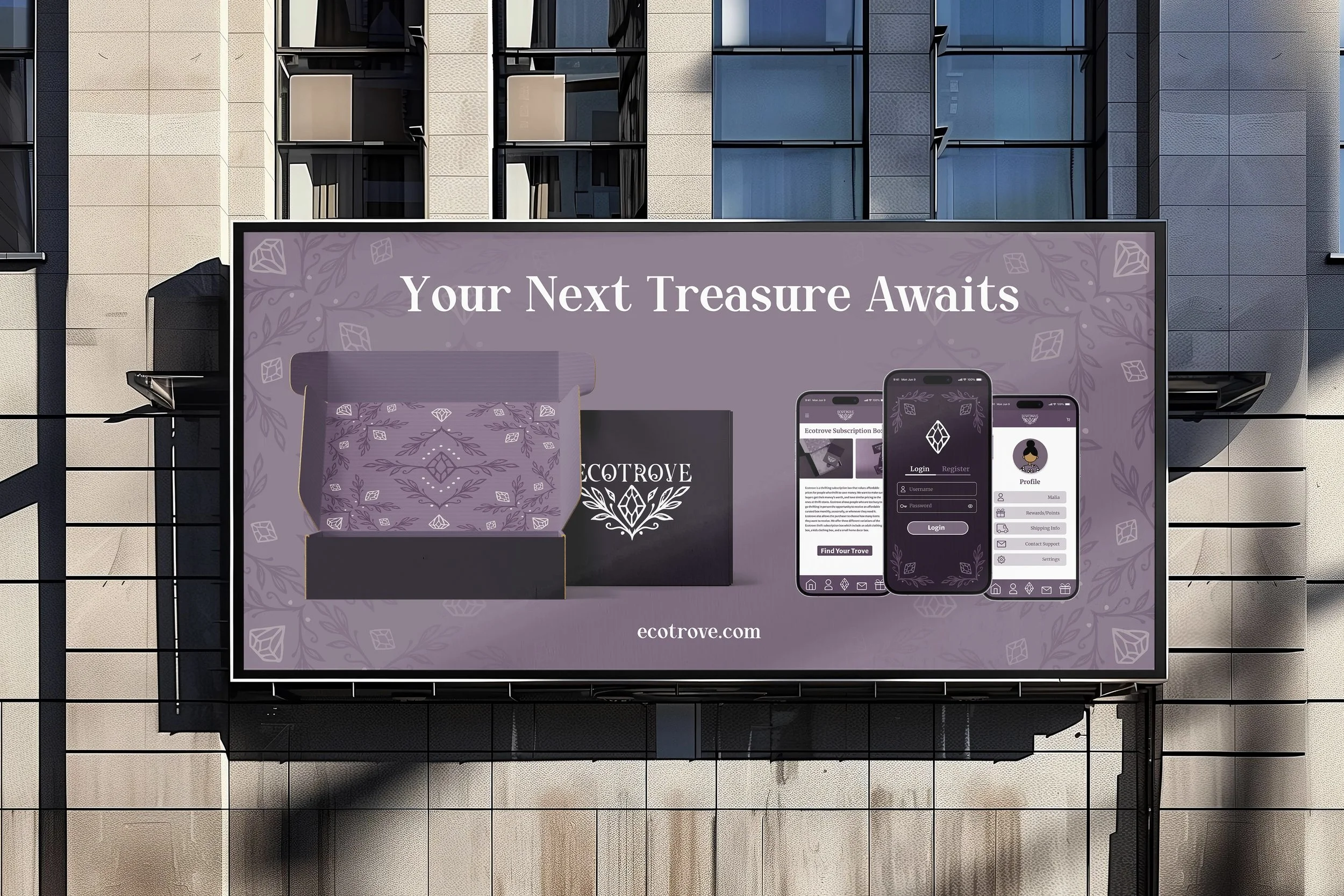 Ecotrove thrifting subscription box horizontal billboard ad. "Your next treasure awaits"