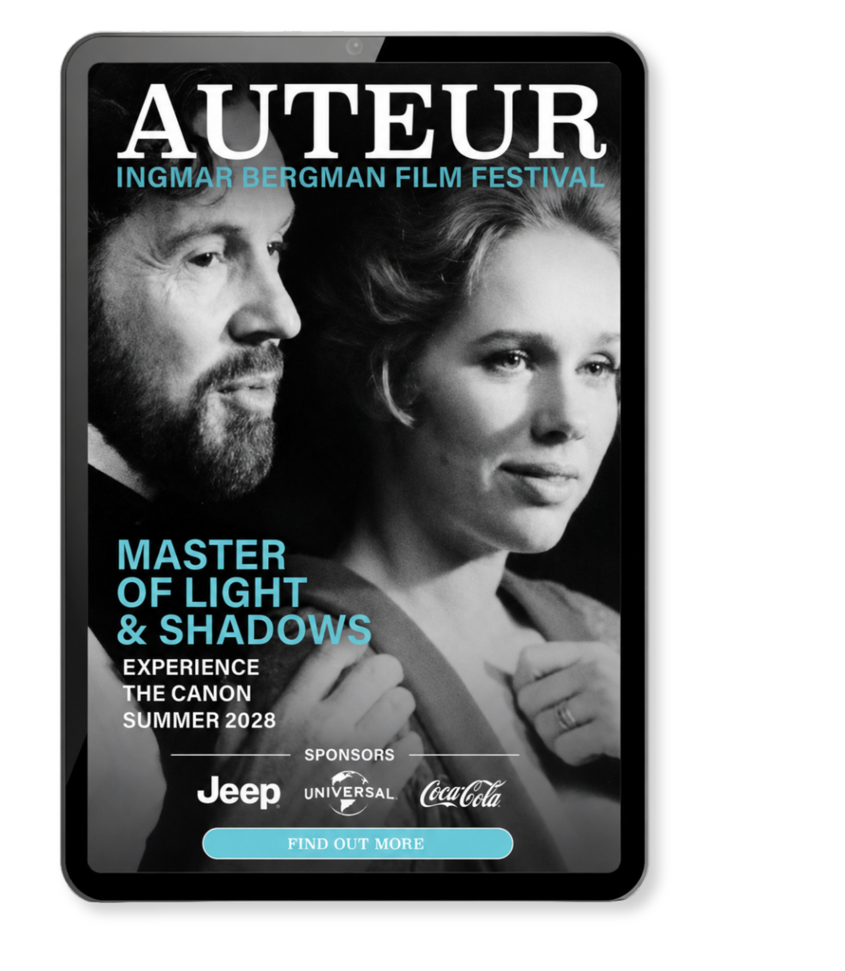 Auteur Film Festival Ingmar Bergman tablet interstitial ad. "Master of light and shadows"