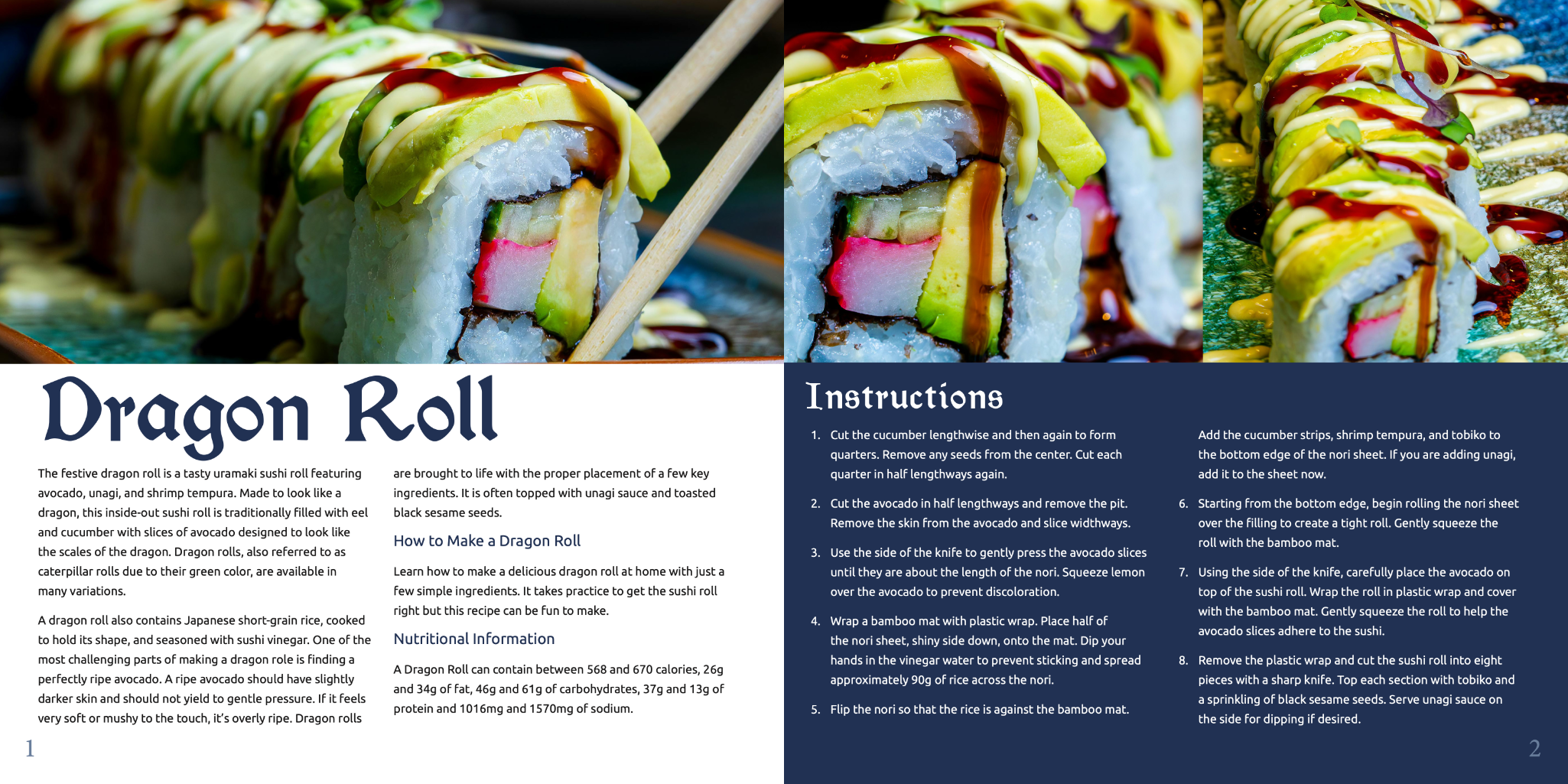 Blue Dragon cookbook flat image showing Dragon Roll recipe spread