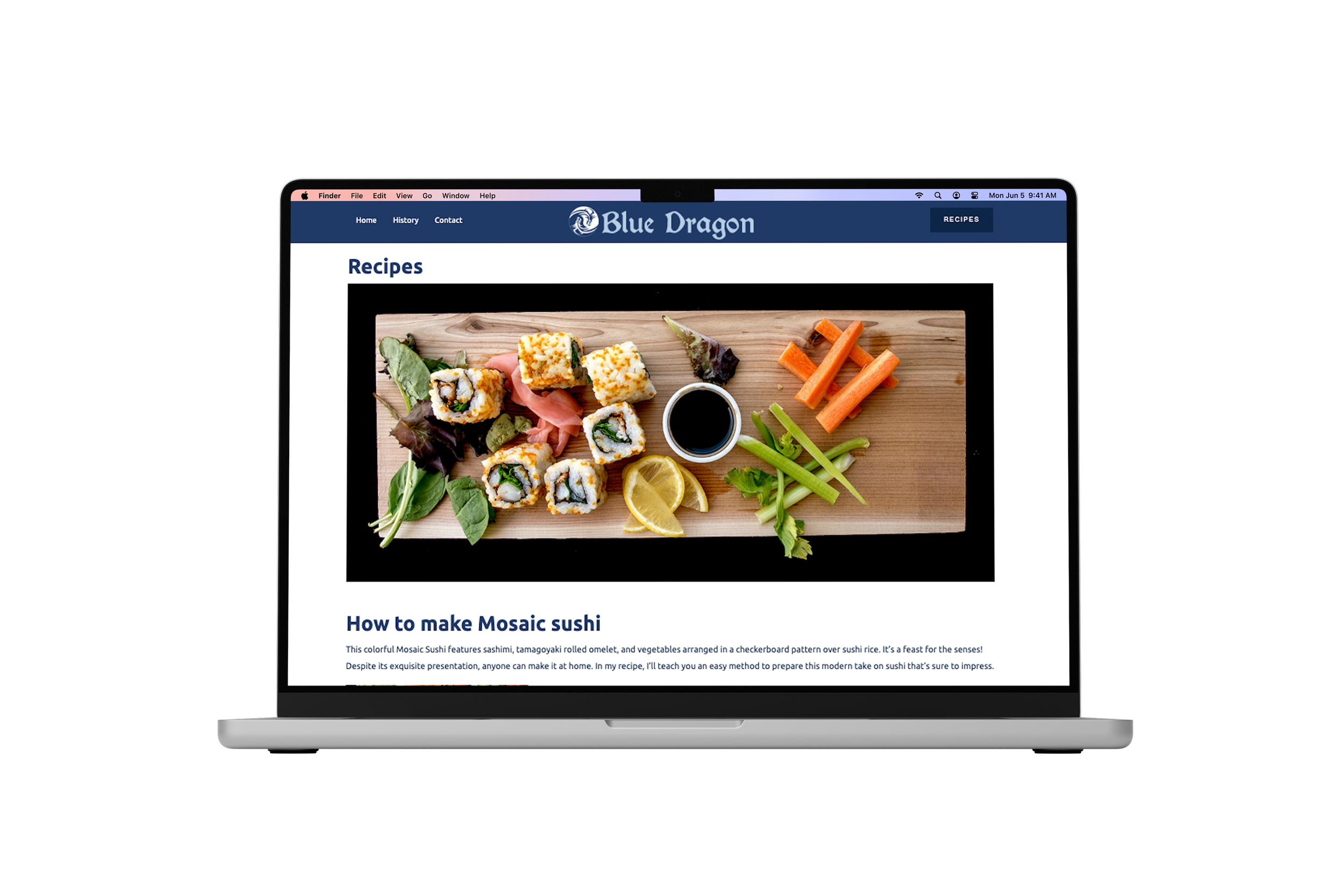 Blue Dragon website macbook computer mockup showcasing the recipes page "How to make mosaic sushi"