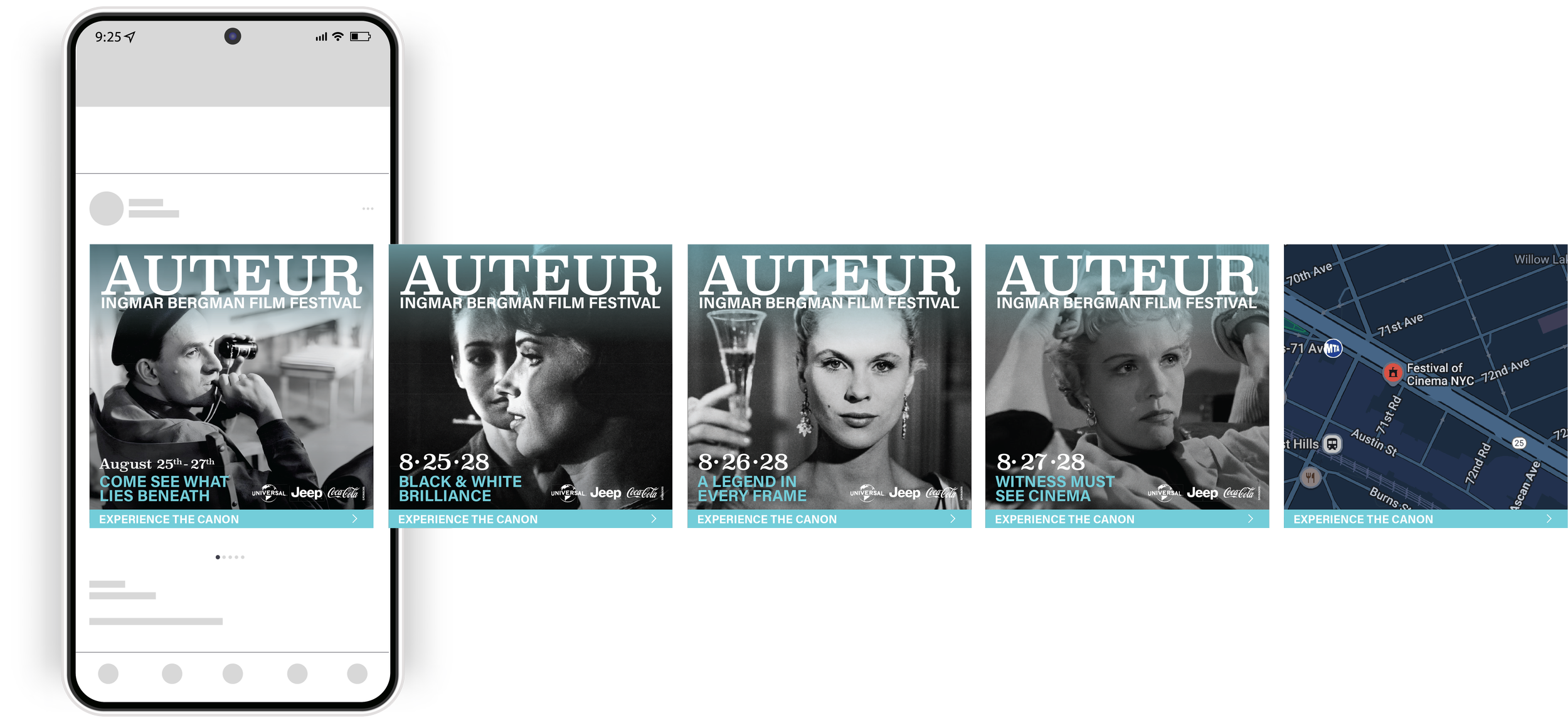 Auteur Film Festival Ingmar Bergman Instagram carousel ads. "Experience the canon"