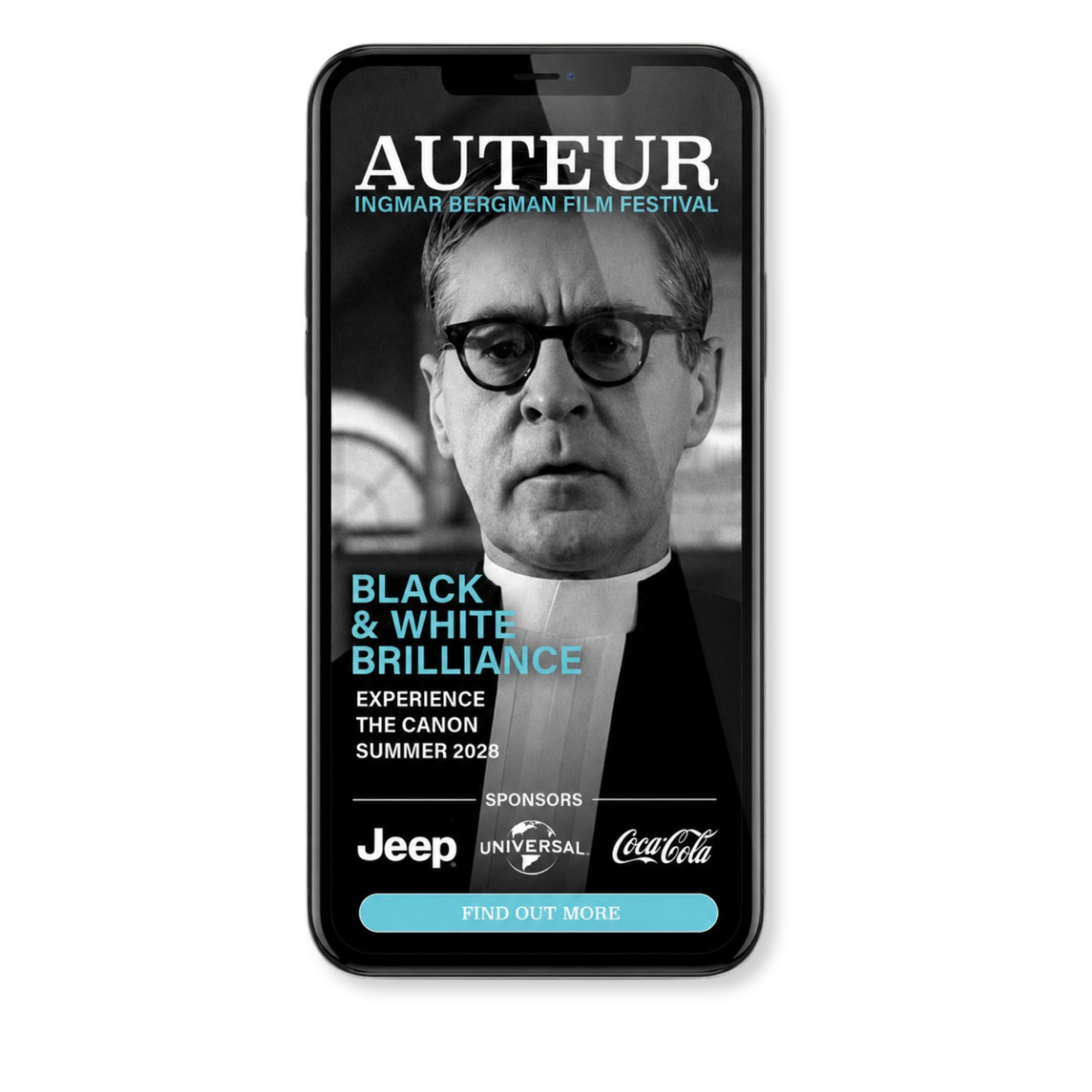 Auteur Film Festival Ingmar Bergman mobile interstitial ad. "Black and white brilliance"