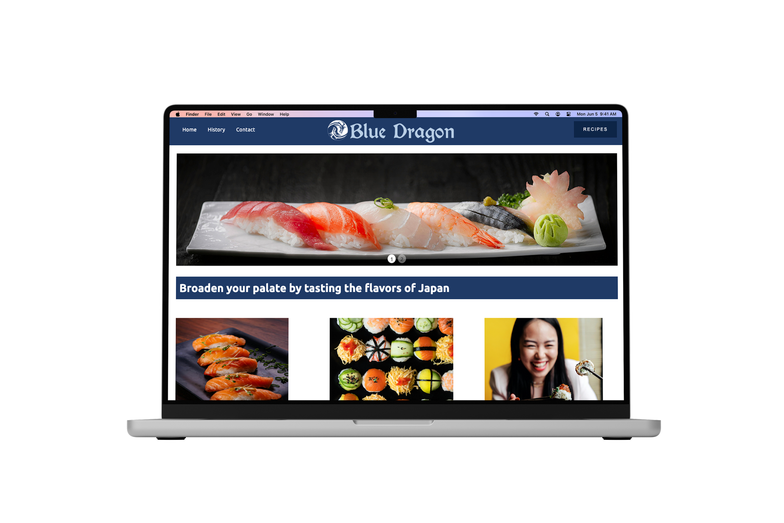 Blue dragon macbook computer website mockup showcasing the home page. Heading saying "Broaden your palate by tasting the flavors of Japan". images including pictures of sushi and women holding sushi with chopsticks