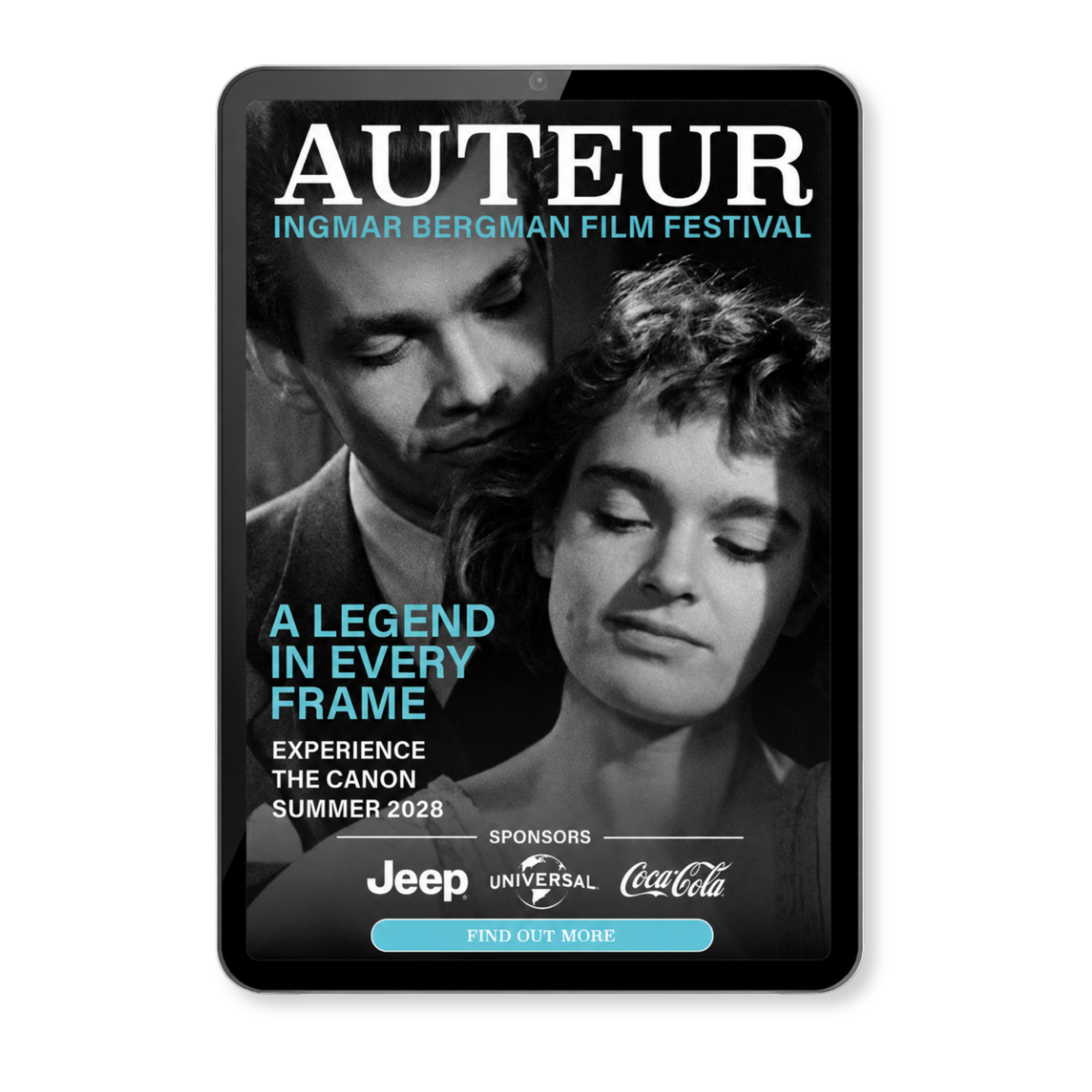 Auteur Film Festival Ingmar Bergman tablet interstitial ad. "A legend in every frame"