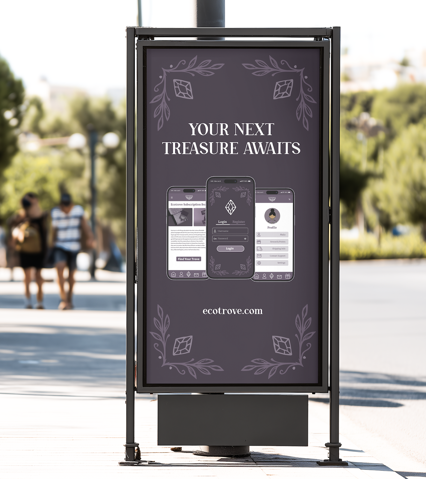 Ecotrove thrifting subscription box vertical street ad. "Your next treasure awaits"