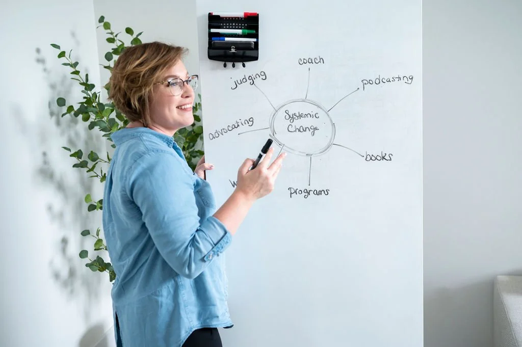 Business educator teaching practical business planning and decision-making on a whiteboard.
