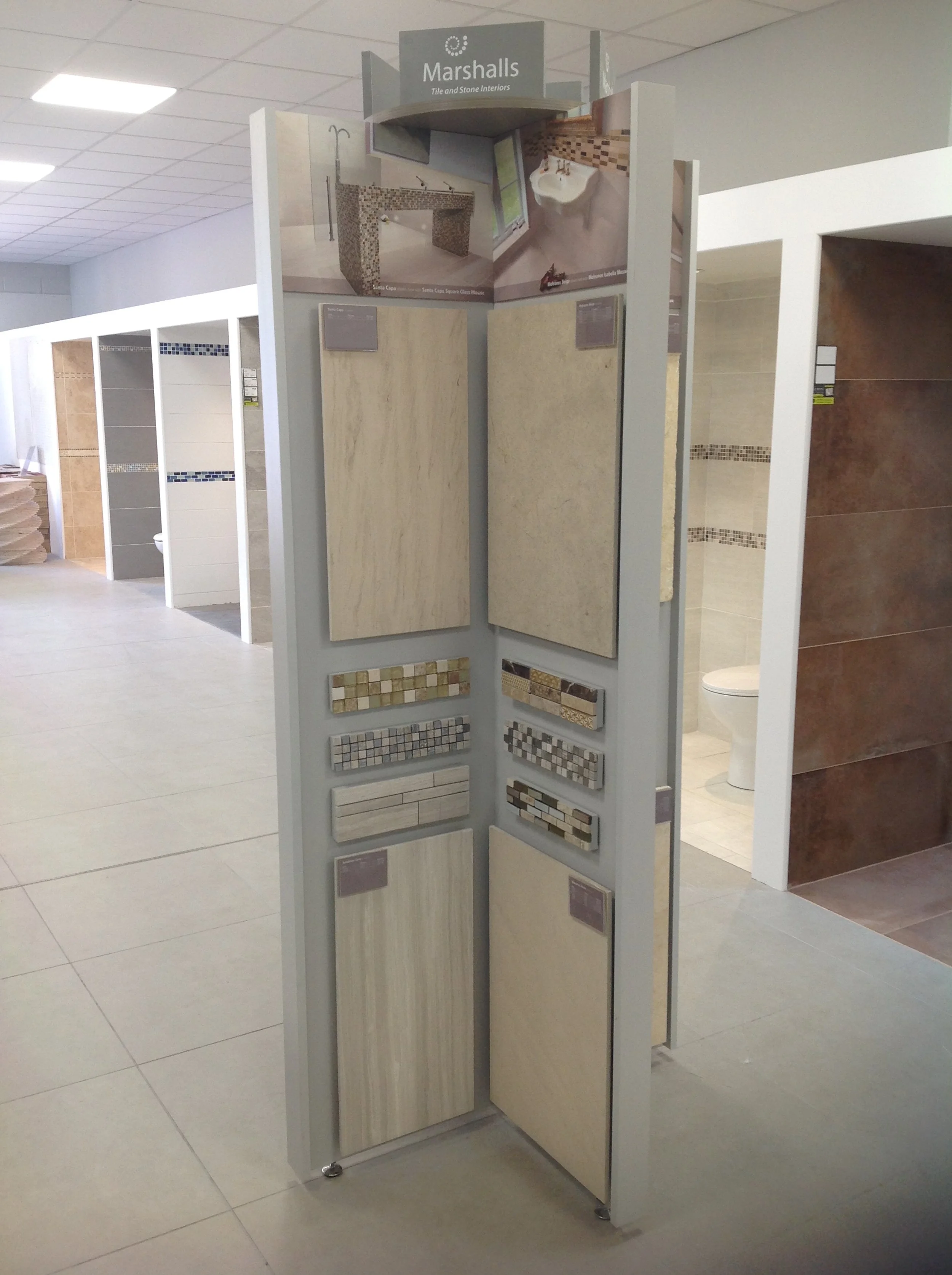 Tile showroom display with various tile samples