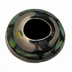 Close-up of a ceramic or glass bead with a black center and a multicolored, speckled exterior.
