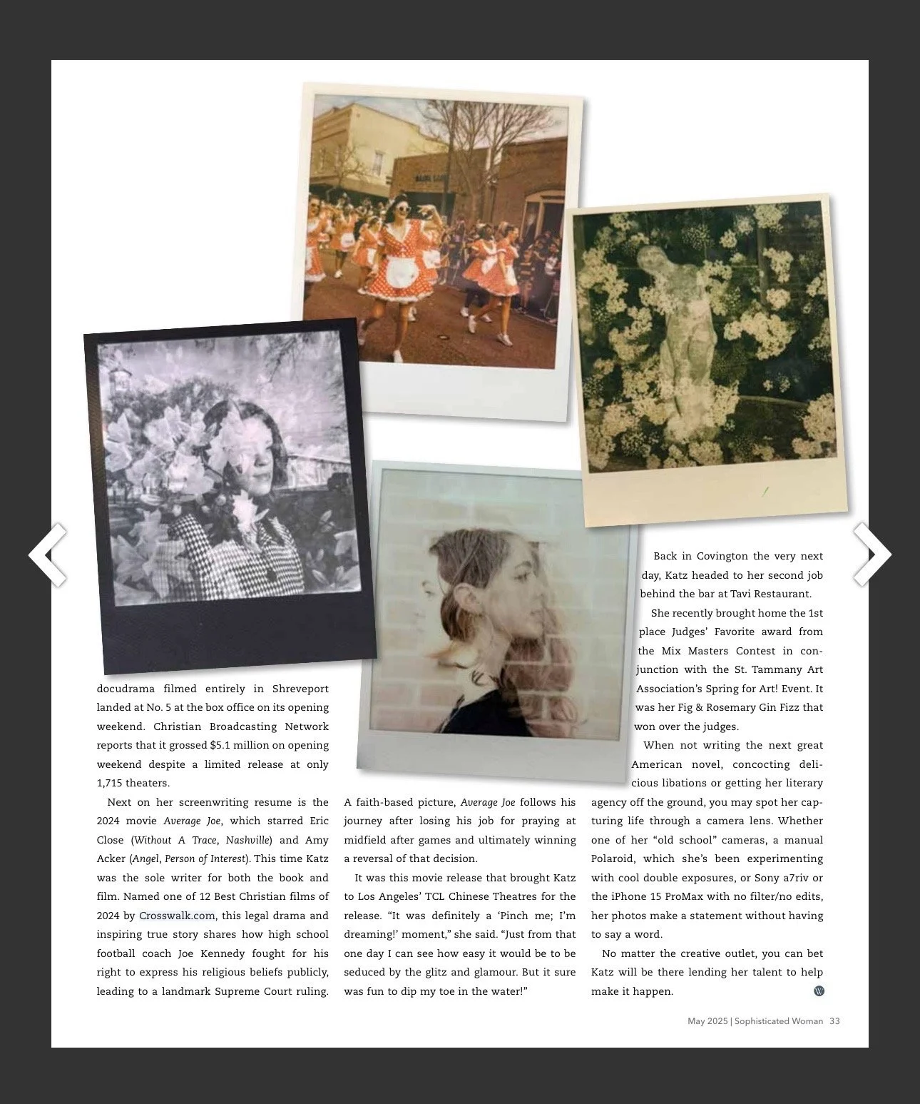 A digital magazine page featuring multiple photographs and text. The photos include a parade with people in retro costumes, a black-and-white portrait of a woman among flowers, and a color side-profile of a woman with curly hair. There is also a photograph of a child statue surrounded by flowers. The text discusses recent film releases, an actress named Katz, and her artistic pursuits.