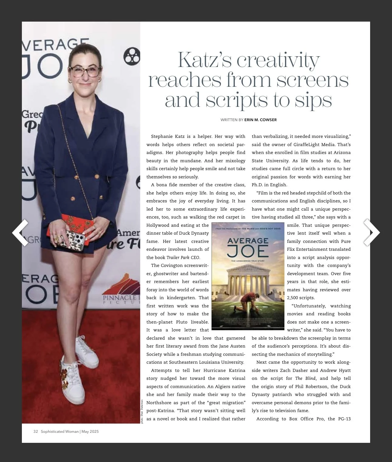 Page from a magazine featuring a woman in a navy blazer holding a colorful phone case, with an article about author Katarzyna 'Katz' and her creative work, alongside a book cover titled 'Average Joe' depicting the Lincoln Memorial at sunset.
