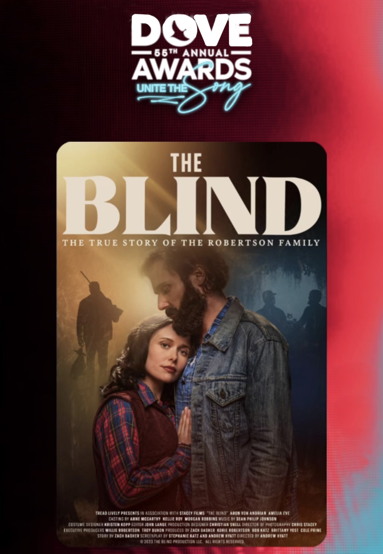 Poster for the movie "The Blind" featuring a man with a beard and a woman leaning against his chest, with a background of soldiers and a gun, promoting the true story of the Robertson family.