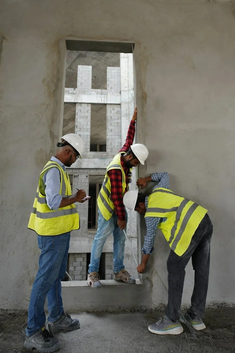 Four construction workers wearing safety helmets and yellow vests working on a building, with one standing on a ledge and three examining the wall.