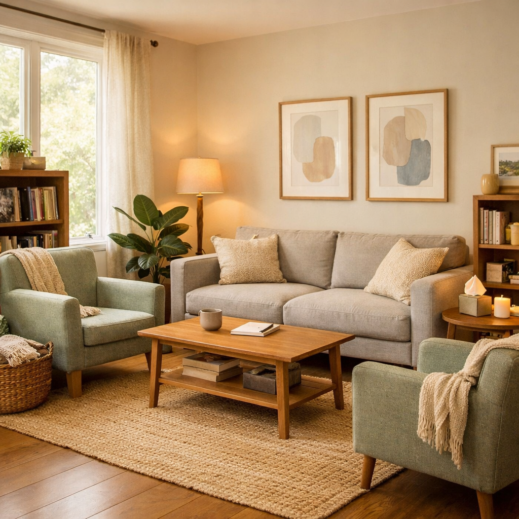 A cozy living room with a beige sofa, two matching armchairs, a wooden coffee table, a bookshelf, a floor lamp, and wall art. Sunlight streams through a window with cream curtains, and decorative pillows and throws adorn the furniture.
