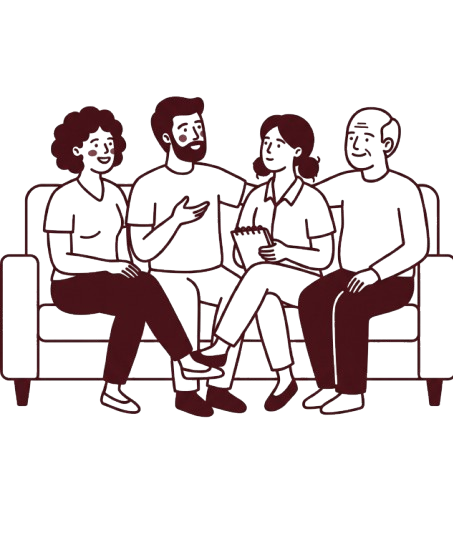 Four people sitting on a couch engaged in a conversation, with one person gesturing with their hand.