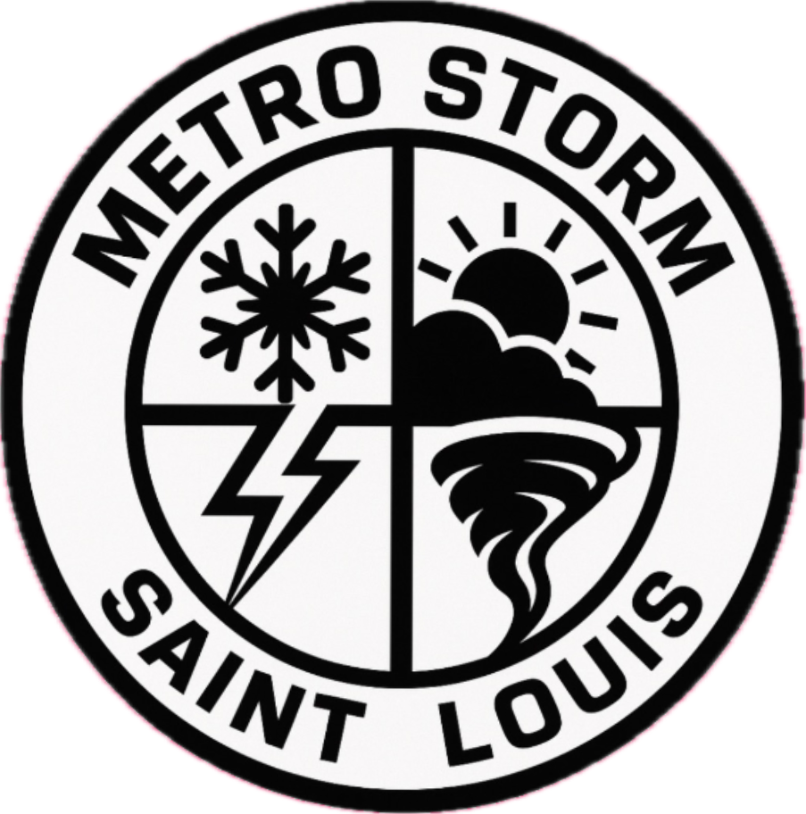 Logo for Metro St. Louis Saint Louis, featuring symbols of snowflake, sun, lightning bolt, and tornado.