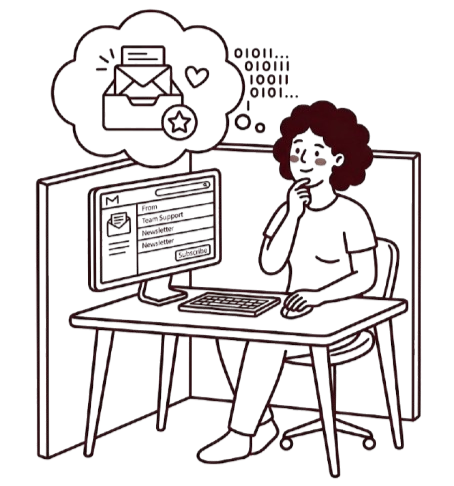 A person sitting at a desk with two computer monitors, talking on the phone, with a thought bubble showing an email, a heart, and a checkmark.