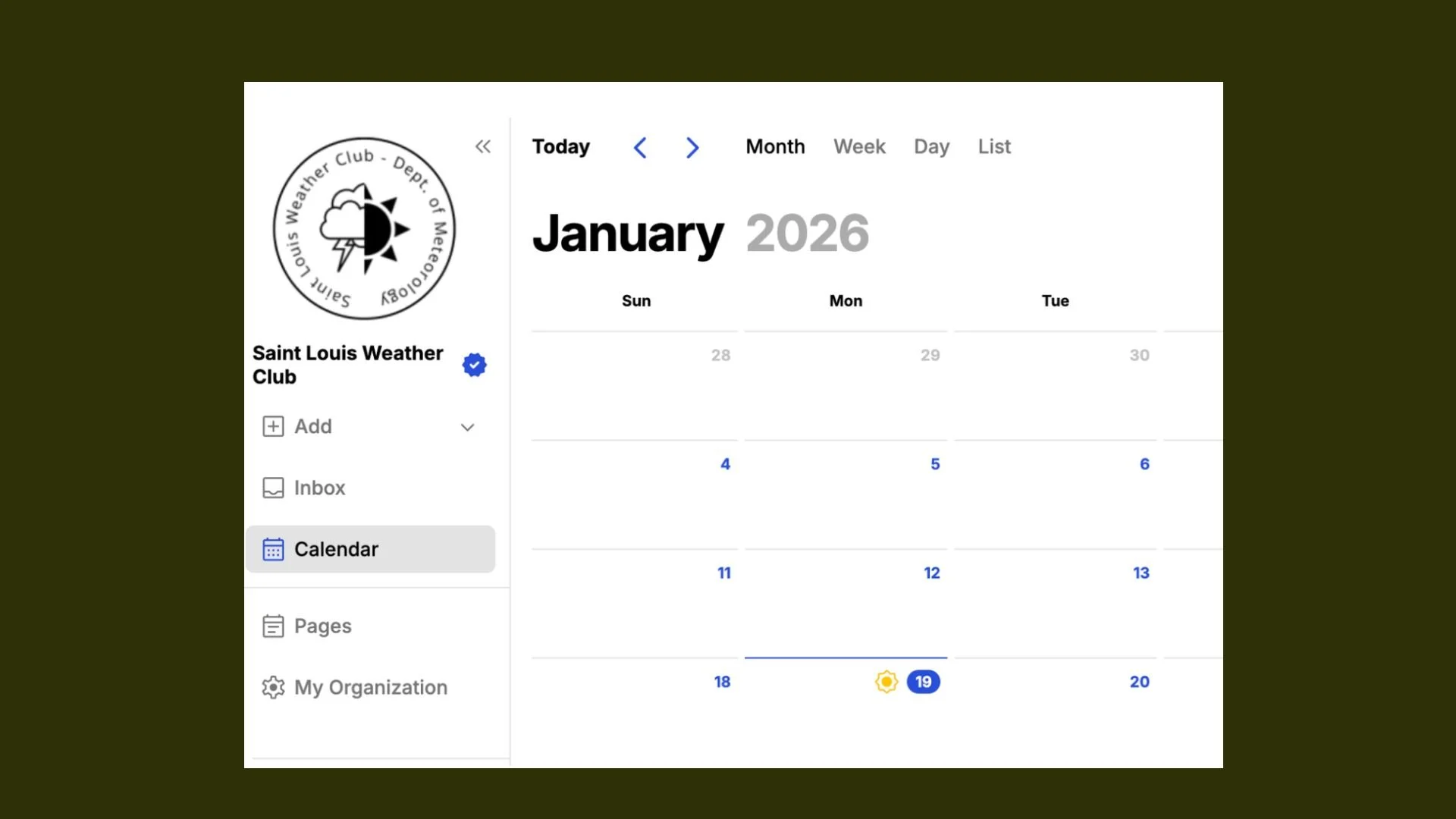Screenshot of a digital calendar showing January 2026, with the Saint Louis Weather Club calendar selected, displaying weather icons and dates.