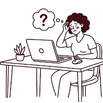 Person sitting at a desk with a laptop, scratching their head in confusion, with a speech bubble containing a question mark above.