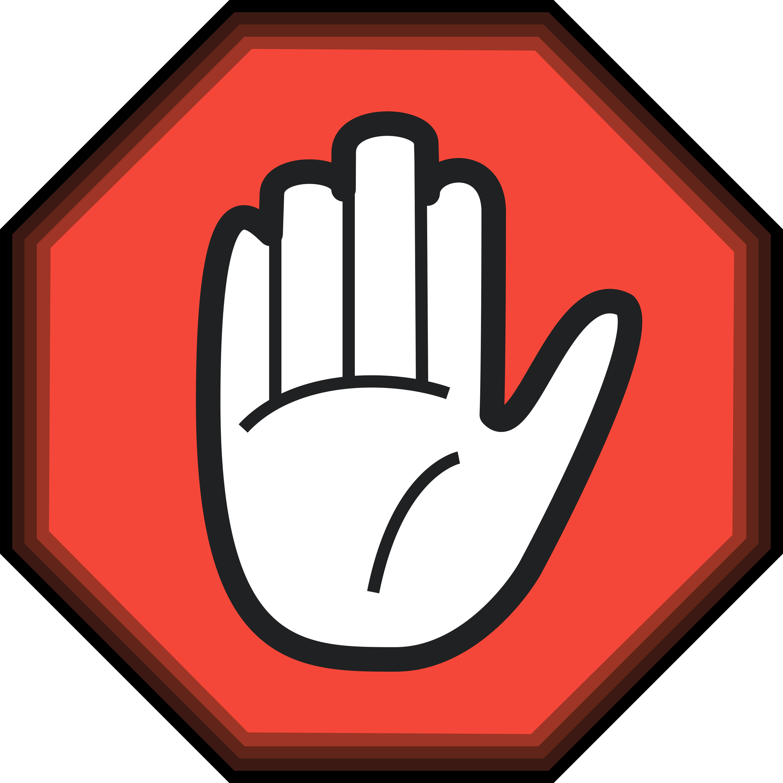 A warning sign with a hand symbol inside a red octagon.