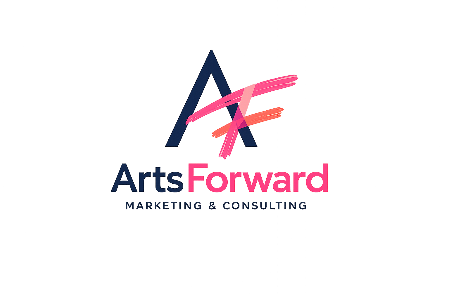 Logo for Arts Forward Marketing & Consulting, featuring a stylized pink paintbrush stroke forming the letter A with the text 'Arts Forward' below and 'Marketing & Consulting' in smaller font.
