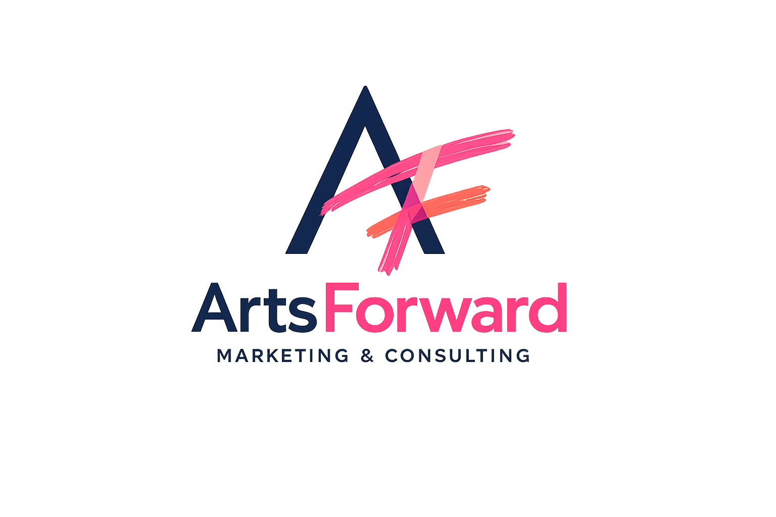 The logo features a stylized blue letter A with a pink F in brush stokes crossing through it. Underlying text says Arts Forward, Marketing & Consulting.